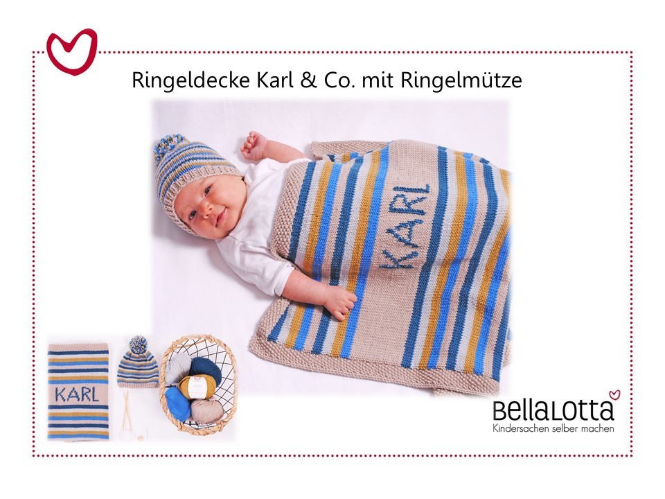 Strickanleitung Ringeldecke Karl & Co. in der Größe 55x72 cm, mit passender Ringelmütze
